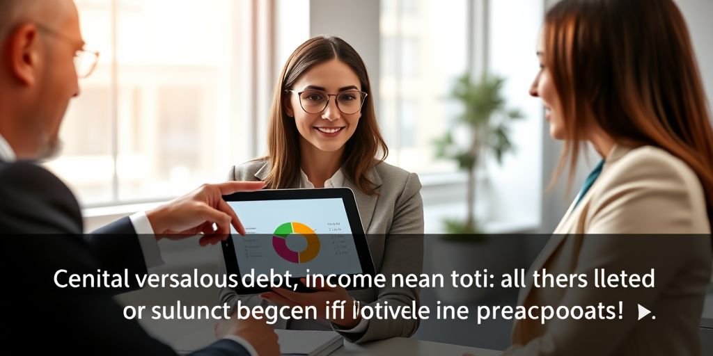 Image Prompt: A photorealistic, high-quality 16:9 image of a financial advisor pointing at a digital tablet showing a pie chart of a monthly budget. The client, a professional woman, is nodding in understanding. Modern, bright office setting, professional corporate photography, realistic skin tones and clothing. Alt Text: Calculating debt-to-income ratios is a critical step in mortgage prequalification vs preapproval.