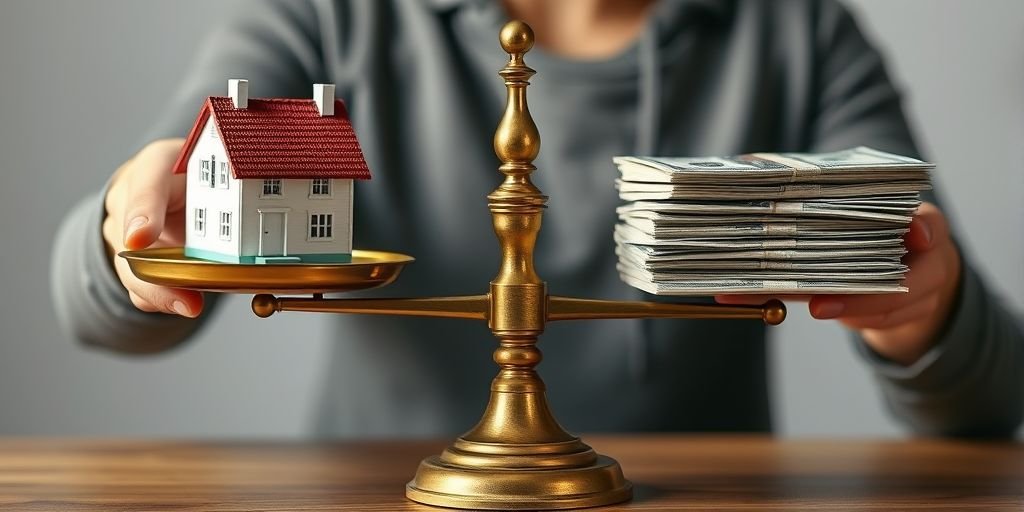 Image Prompt: Photorealistic, 16:9 ratio, a person weighing a small, detailed model of a house on one side of a vintage brass scale and a neat stack of US dollar bills on the other side, studio lighting. Alt Text: Weighing the pros and cons of using home equity via an FHA cash-out refinance.