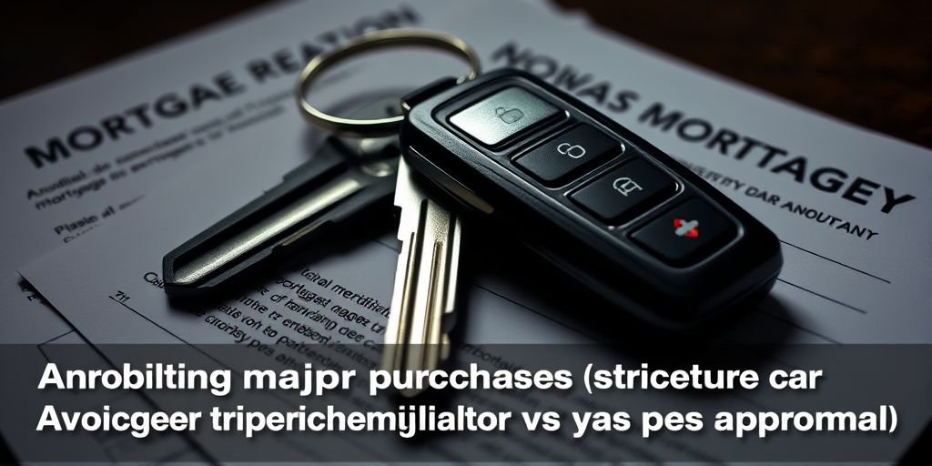 Image Prompt: A photorealistic, high-quality 16:9 image of a set of shiny new car keys resting on top of a stack of rejected mortgage documents. The lighting is slightly moody, emphasizing the consequence of a poor financial decision. High detail on the metal key and paper textures. Alt Text: Avoiding major purchases is crucial after completing mortgage prequalification vs preapproval.