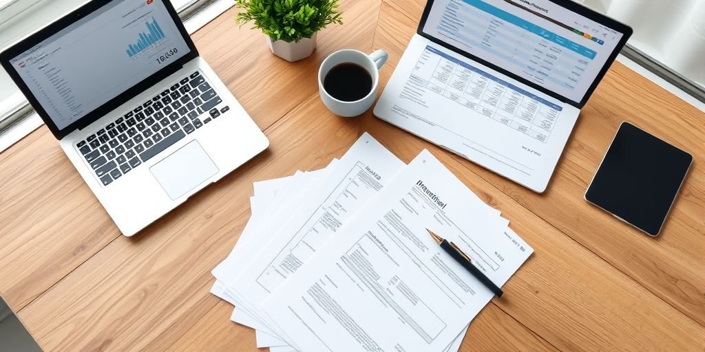 Image Prompt: A photorealistic, high-quality 16:9 image of a neatly organized wooden desk with a stack of crisp financial documents, a calculator, a pen, and a laptop open to a tax spreadsheet. A cup of coffee and a small potted plant add a touch of life. Top-down angle, bright natural window light, highly detailed textures. Alt Text: Organized financial documents required when navigating mortgage prequalification vs preapproval.