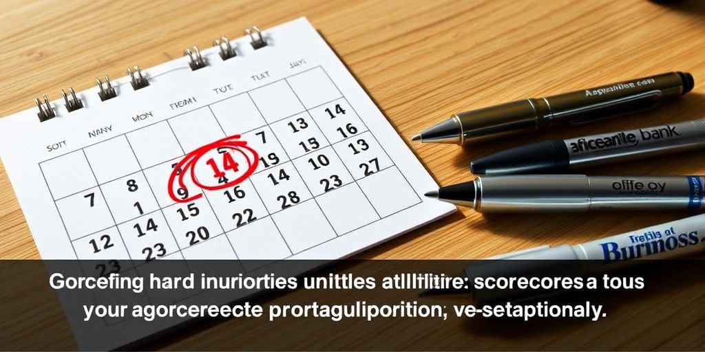 Image Prompt: A photorealistic, high-quality 16:9 image of a calendar on a desk with a 14-day period circled in red marker. Next to the calendar are three different branded pens from various banks. Bright, clear overhead lighting, highly detailed paper textures and realistic shadows. Alt Text: Grouping hard inquiries within a specific timeframe protects your score during mortgage prequalification vs preapproval.