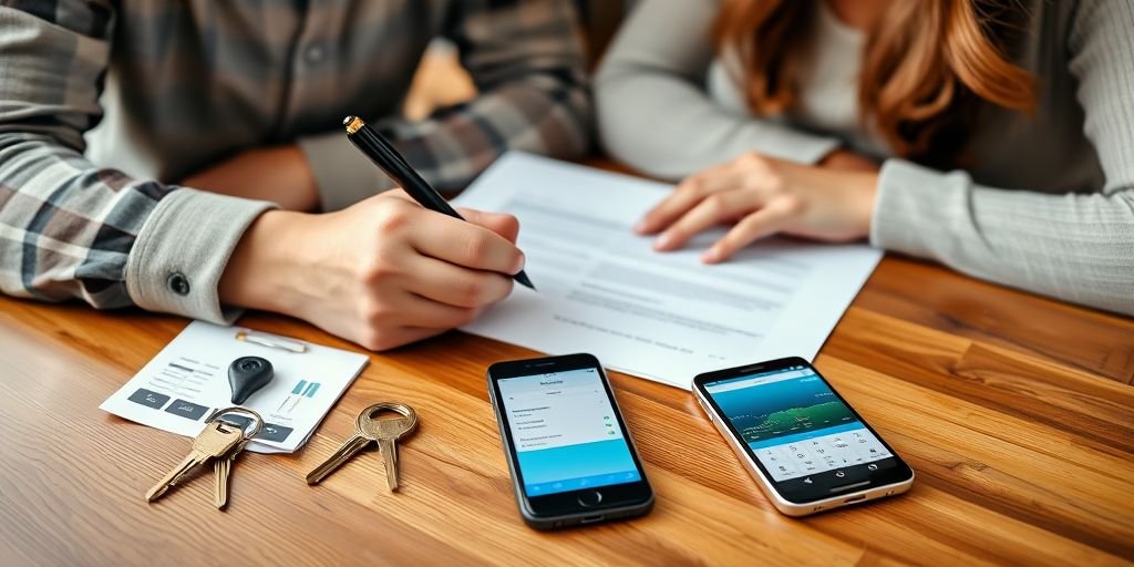 Couple signing a lease and using an app to report rent payments to build credit fast no credit card.