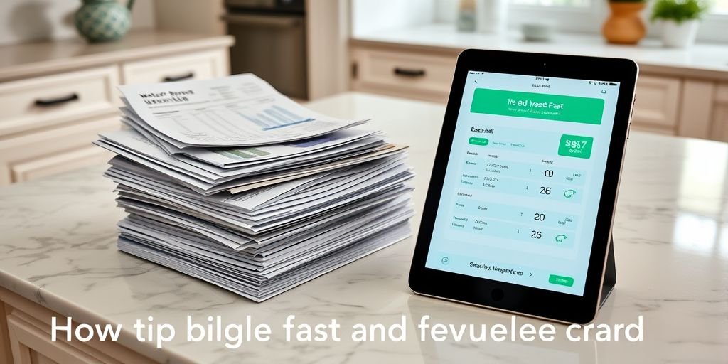 Organized utility bills and a tablet showing how to build credit fast no credit card.