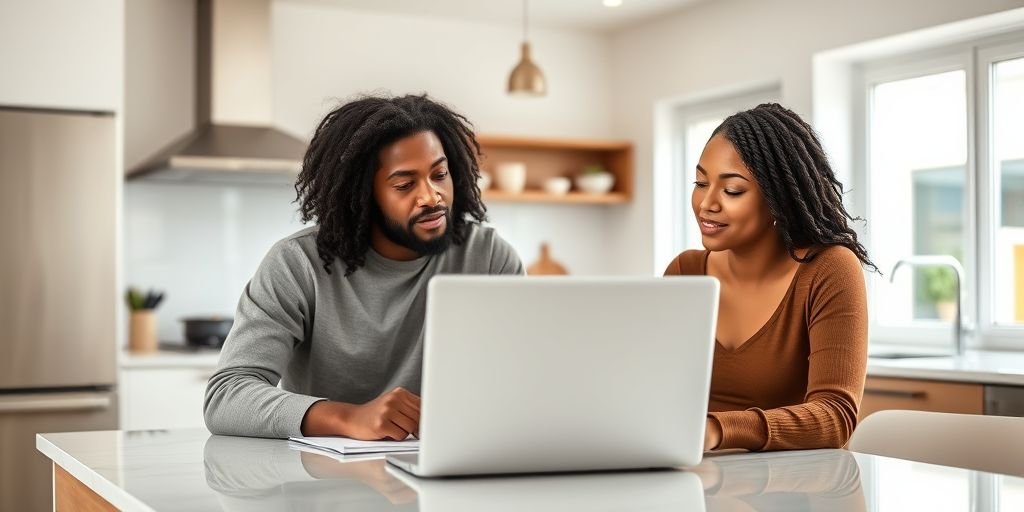  A couple comparing fico vs vantagescore on a laptop before applying for a mortgage.
