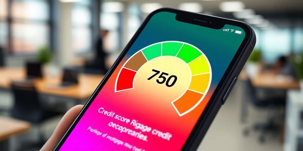 Image Prompt: A photorealistic, high-quality 16:9 image of a close-up of a smartphone screen displaying a colorful credit score gauge pointing to "Excellent" (around 750). The background is a blurred, modern office environment. Sharp focus on the screen, vibrant UI colors, realistic lighting and reflections. Alt Text: A strong credit score is a major factor in the mortgage prequalification vs preapproval process.