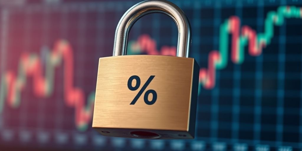 Image Prompt: A photorealistic, high-quality 16:9 image of a heavy metal padlock securing a document with a percentage symbol on it. The background is a blurred financial chart showing market volatility. Cinematic lighting, metallic textures on the lock, highly detailed and professional. Alt Text: Securing a rate lock is a major benefit of moving from mortgage prequalification vs preapproval.