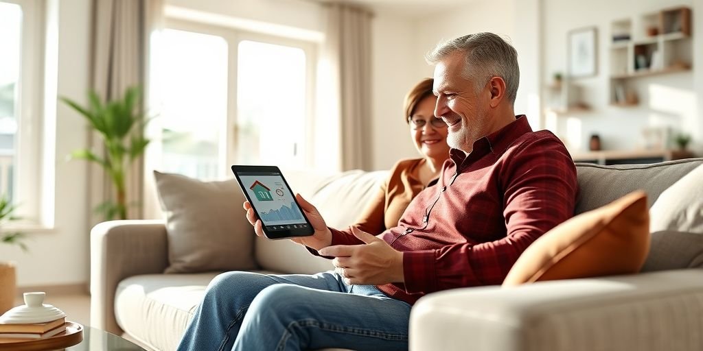 Image Prompt: Photorealistic, 16:9 ratio, a happy American couple sitting on a comfortable sofa in a bright modern living room, looking at a tablet displaying a house icon and rising financial graphs, natural sunlight streaming through the window. Alt Text: American couple reviewing an FHA cash-out refinance plan on a tablet in their living room.