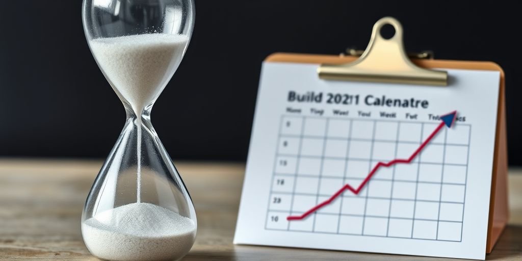 Image Prompt: A photorealistic, high-quality 16:9 image of an hourglass with sand flowing, placed next to a calendar marked with circled dates and a rising graph on a clipboard, symbolizing the time it takes to build a good credit score. Alt Text: Hourglass and calendar showing the timeline to build credit fast no credit card.