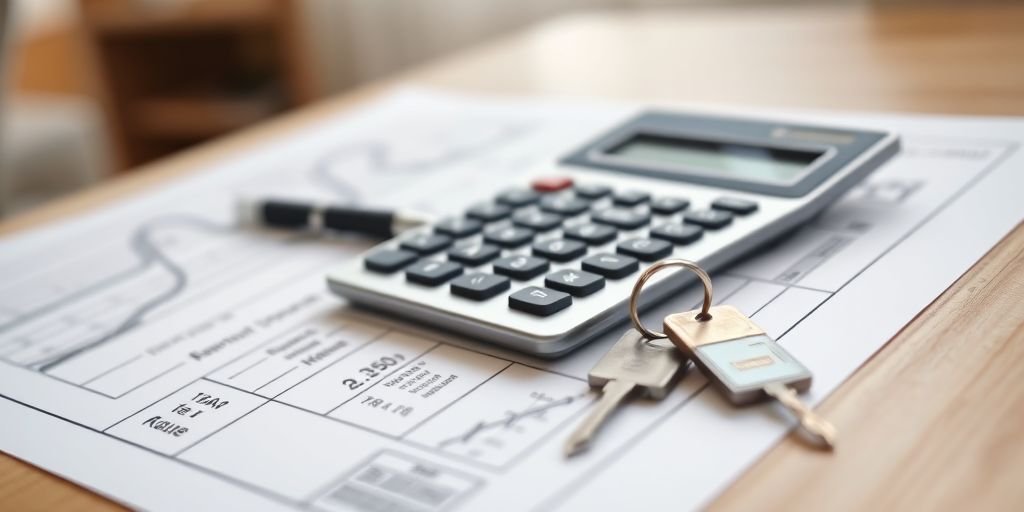 Calculating the loan-to-value ratio for an FHA cash-out refinance using a financial calculator and house keys.
