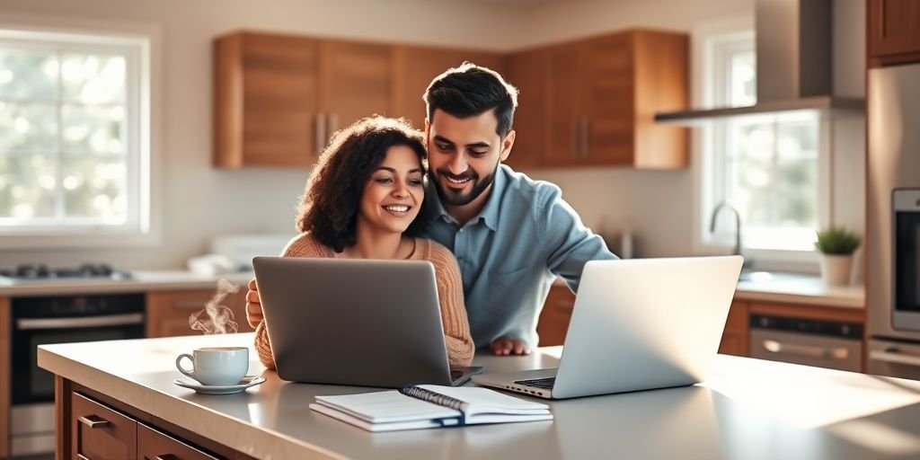 A couple reviewing the details of mortgage prequalification vs preapproval on a laptop.