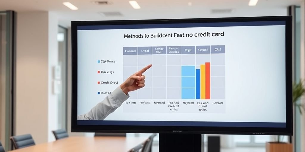  Financial advisor comparing methods to build credit fast no credit card on a digital screen.